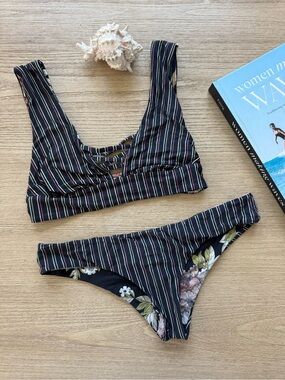 Billabong Women’s Striped Black Floral Reversible Bikini Set (2 separate tops)
